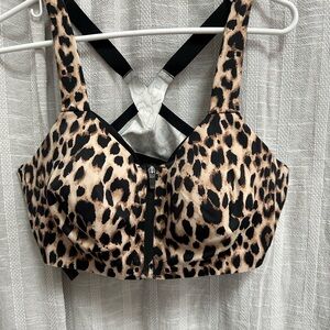 Leopard Print Zip Front Crop Top Sports Bra